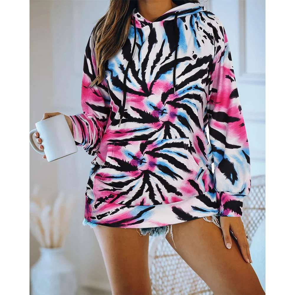 

2020 Ladies new Custom Hot Sale Tie Dye Long Style Color Block Crew Neck Sweatshirt for women, 3 colors