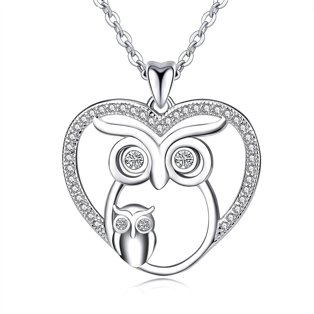 

2021 New Arrivals 925 Sterling Silver Rhodium Plated Cz Cute Owl Pendant Heart Necklace Jewelry For Women
