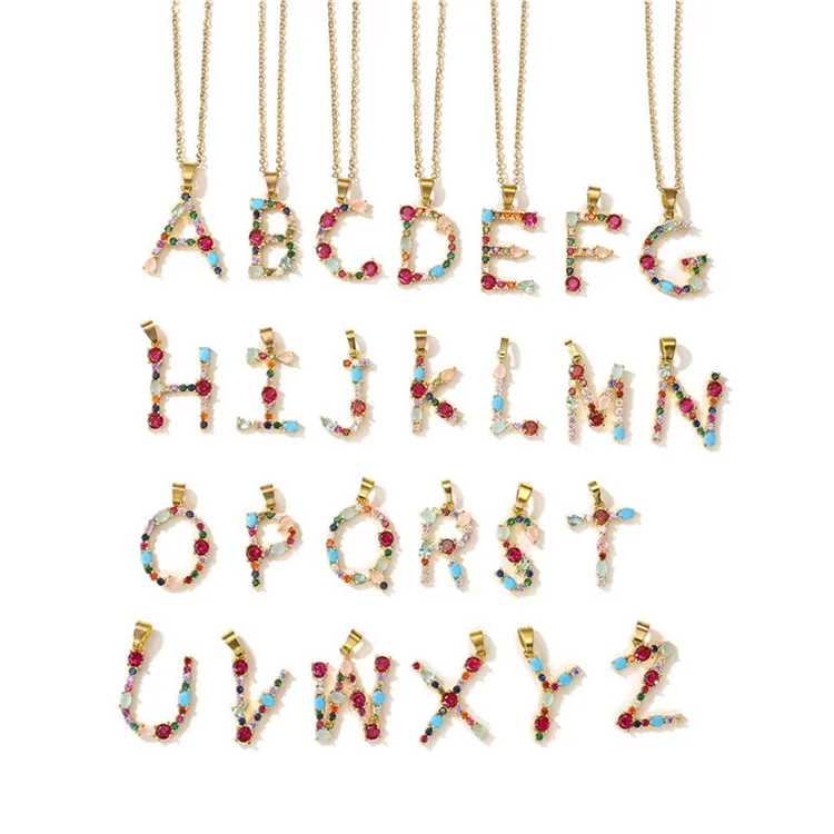 

European And American Colorful Crystal Cubic Zircon A~Z 26 Alphabet Letter Pendant Necklace For Women Christmas Gifts