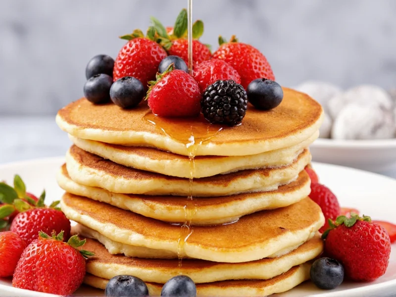 Stacked pancakes with fresh berries and maple syrup