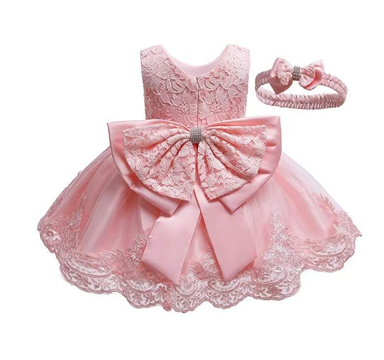 

European And American Fashion Baby Princess Dress One Year Old Pink Bow Lace Dress, Picture shows