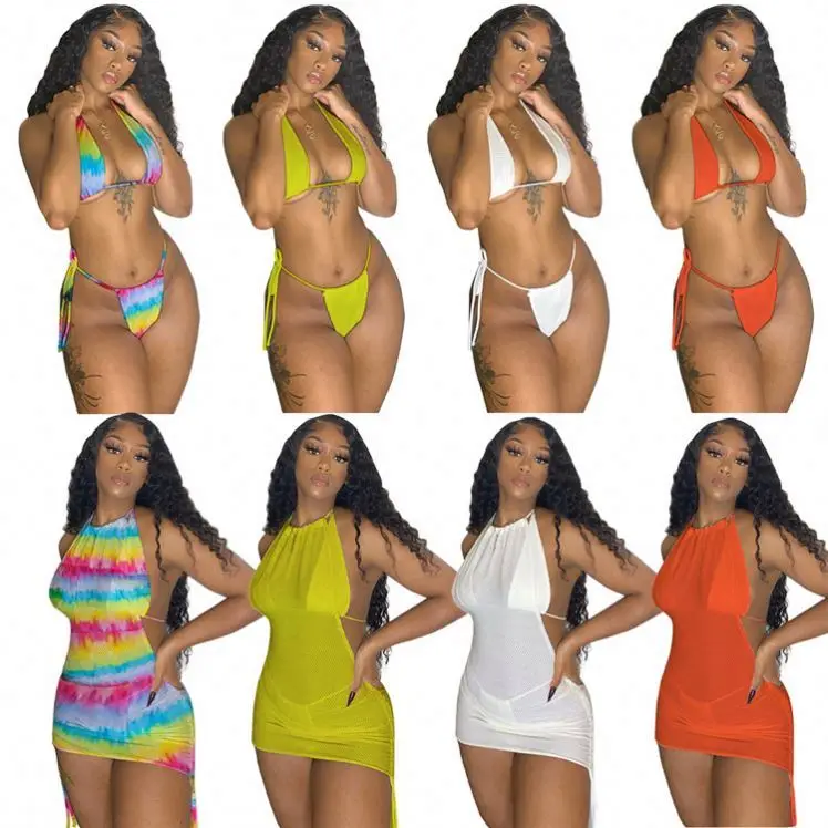 

MISSMOEN Fashionable Summer Sexy Bikini Swim Wear Neachwear Halter Mesh Net Cover Up Dress Women 3 Piece Set Swimwear