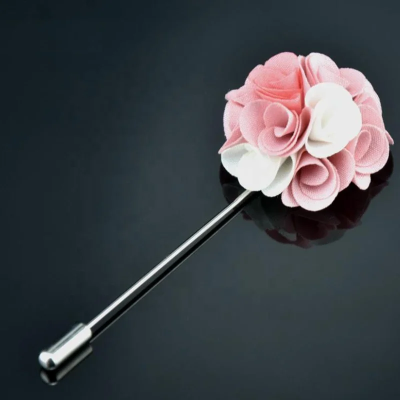 

hot selling fancy pink white fabric flower shaped wedding party brooch lapel pin for men