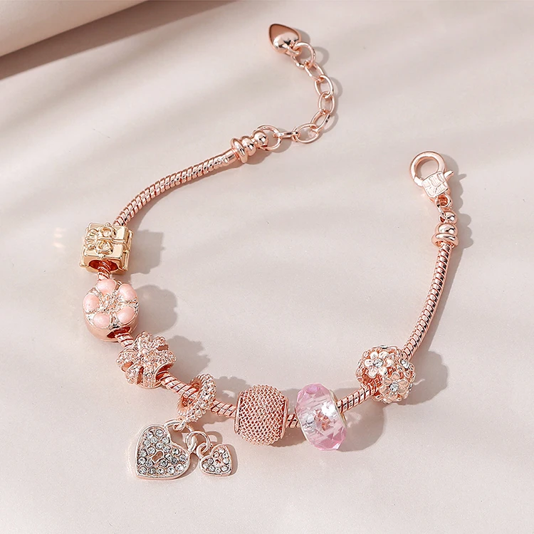 

Hot Selling Rose Gold CZ Cubic Zirconia Heart Drop Charm Bracelet Pink Rhinestone Crystal Flower Charm Bracelet, Picture color