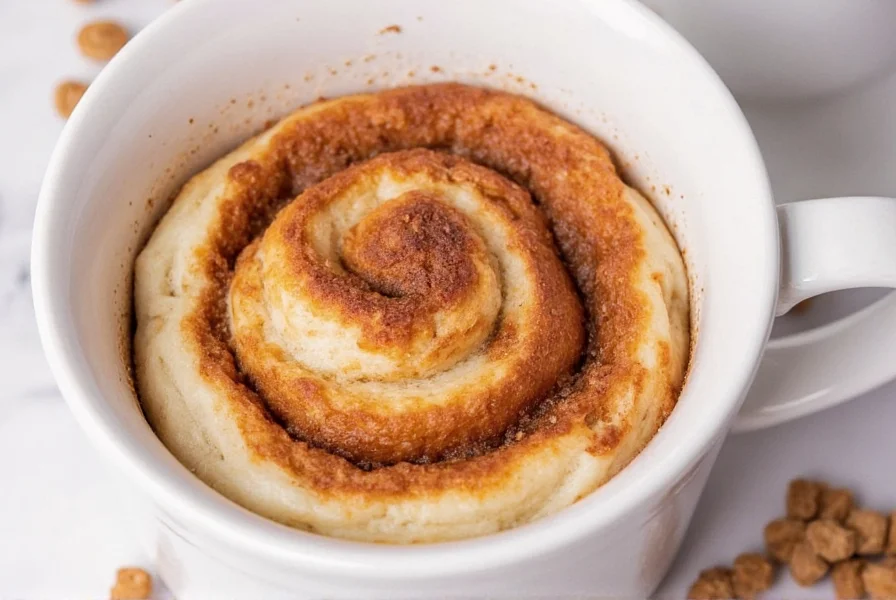 Freshly made cinnamon roll in white ceramic mug with icing drizzle