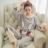 

Factory Autumn and Winter Women Pyjamas Sets Thick Keep Warm Flannel Long Sleeve Female Cartoon Animal Pants Sleepwear
