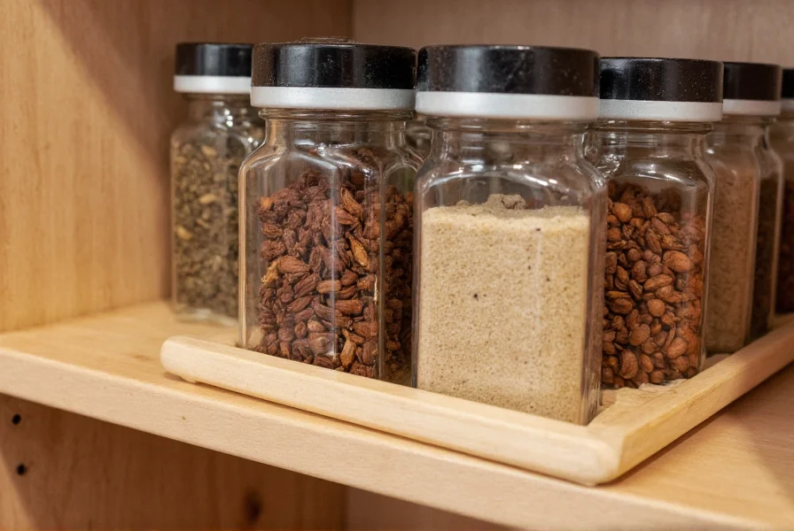 Glass spice jars containing whole and ground cloves stored in organized kitchen spice rack