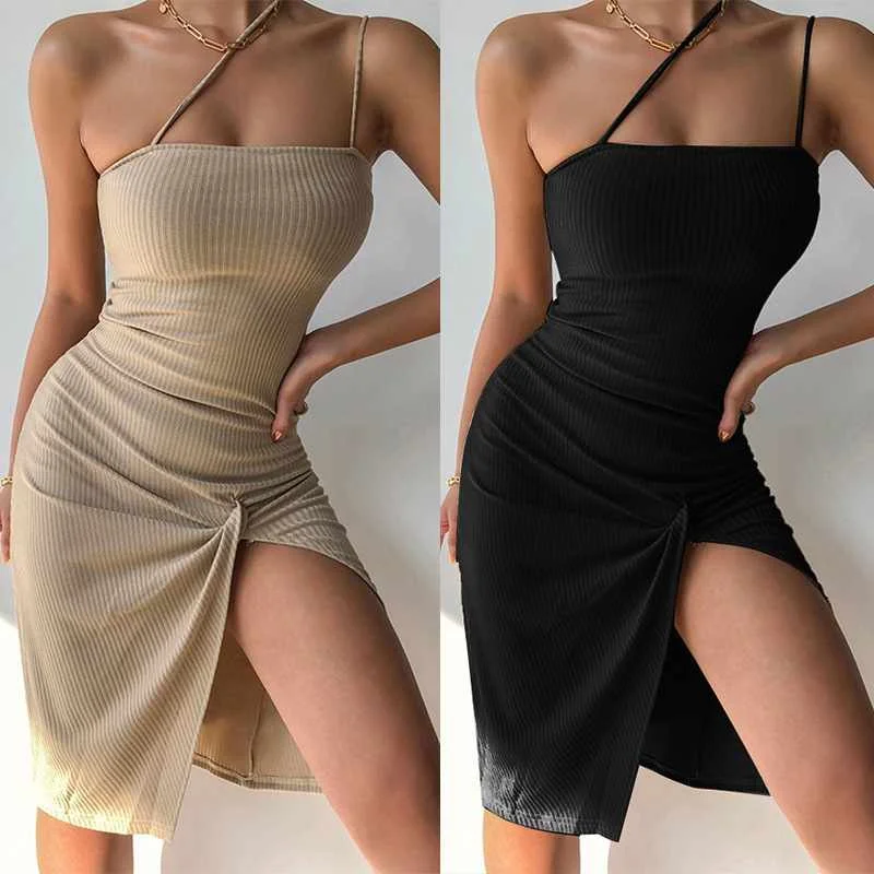

Hot-selling Women 2021 New Style Dress Oblique Shoulder Open Back Split Sexy Irregular Spaghetti Strap Dress Women, Picture showed