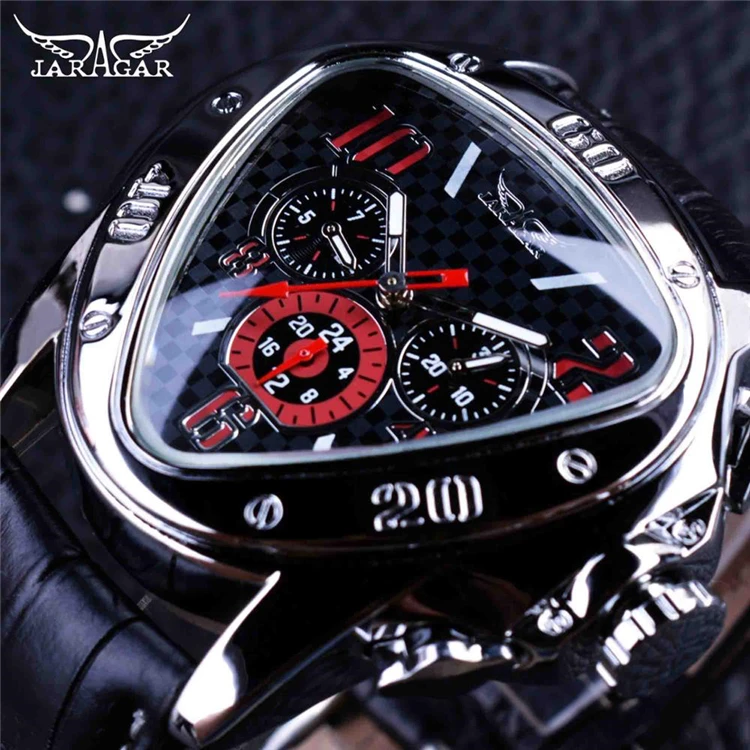 

JARAGAR GMT951 Sport Racing Design Geometric Triangle Pilot Genuine Leather Men Mechanical Watch Luxury Automatic Wristwatches
