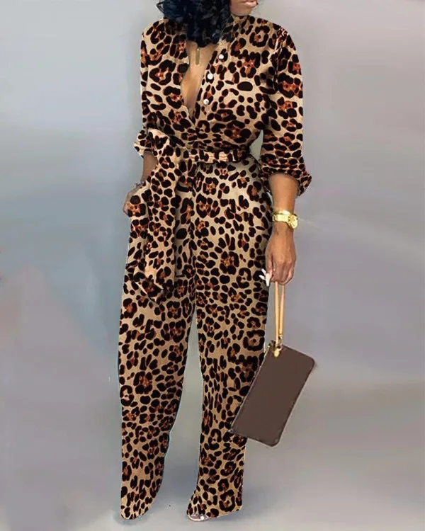 

JD8615 Leopard Tied Waist Long Sleeve Jumpsuit women, Picture color