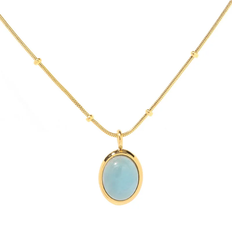 

SC 2022 New Trend Stainless Steel 18k Gold Plated Necklace Temperament Blue Oval Gemstone Pendant Necklace for Women