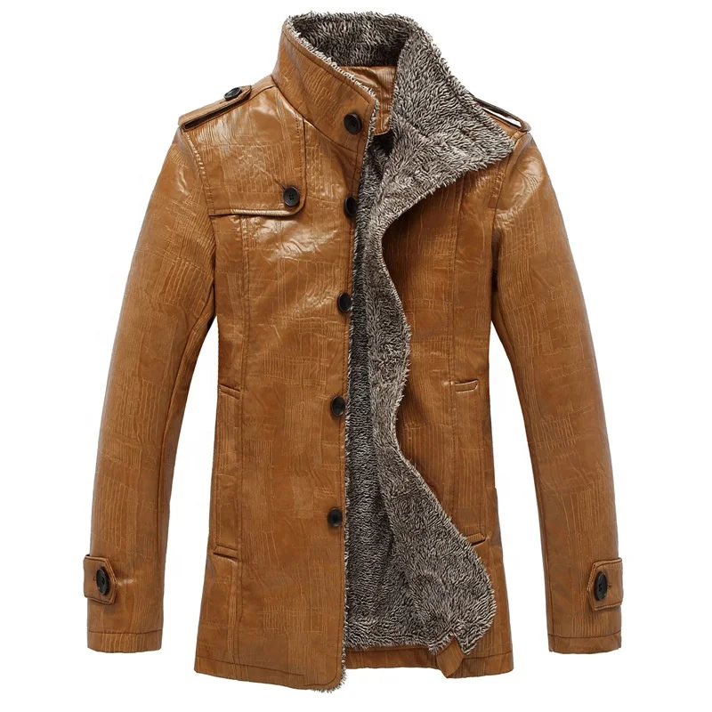 

Men's fur integrated leather coat with fleece thickened mid-length jacket