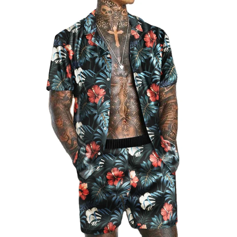 

new design Men Hawaiian Sets Printing 2021 Summer Short Sleeve quick-dry Button Shirt Beach Shorts Casual Suit 4XL 30 colors