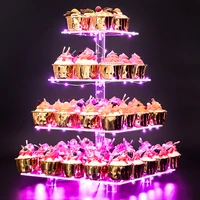 

4 Tier Acrylic Cup Cake Stand with LED String Lights Clear Pastry Dessert Display Stand