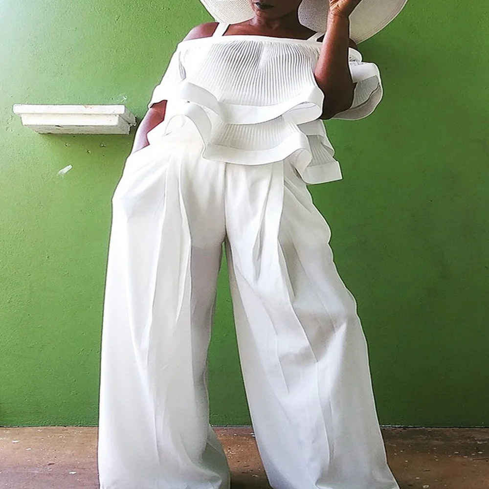 

Summer Beach Fashion Tops Pants Loose Pleated Africa Women Two Pieces Sets