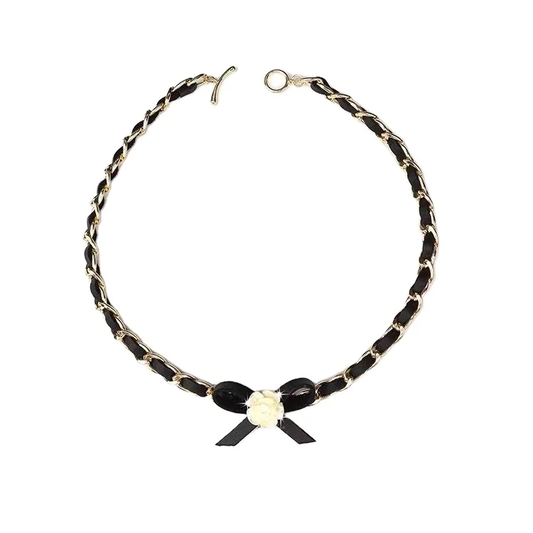 

European and popular logo letter camellia leather rope necklace, Rose gold