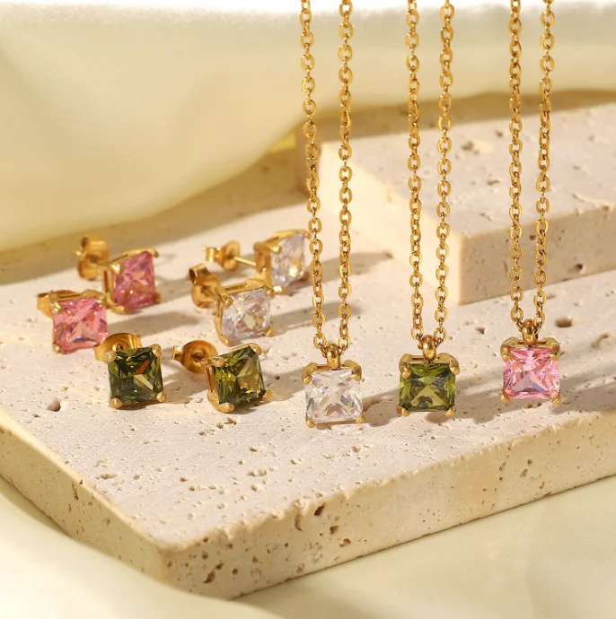 

18K gold stainless steel white/pink/green square zircon pendant necklace wholesale, Gold ,silver