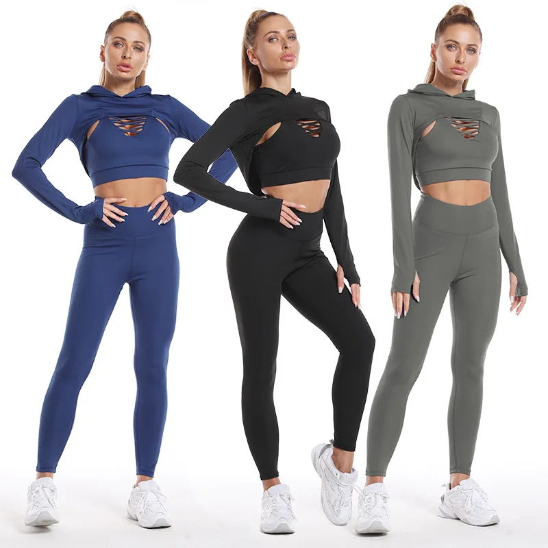 

Women's quick-drying peach hip yoga pants long-sleeved top hooded three-piece yoga suit suit sports fitness suit, 9 colors