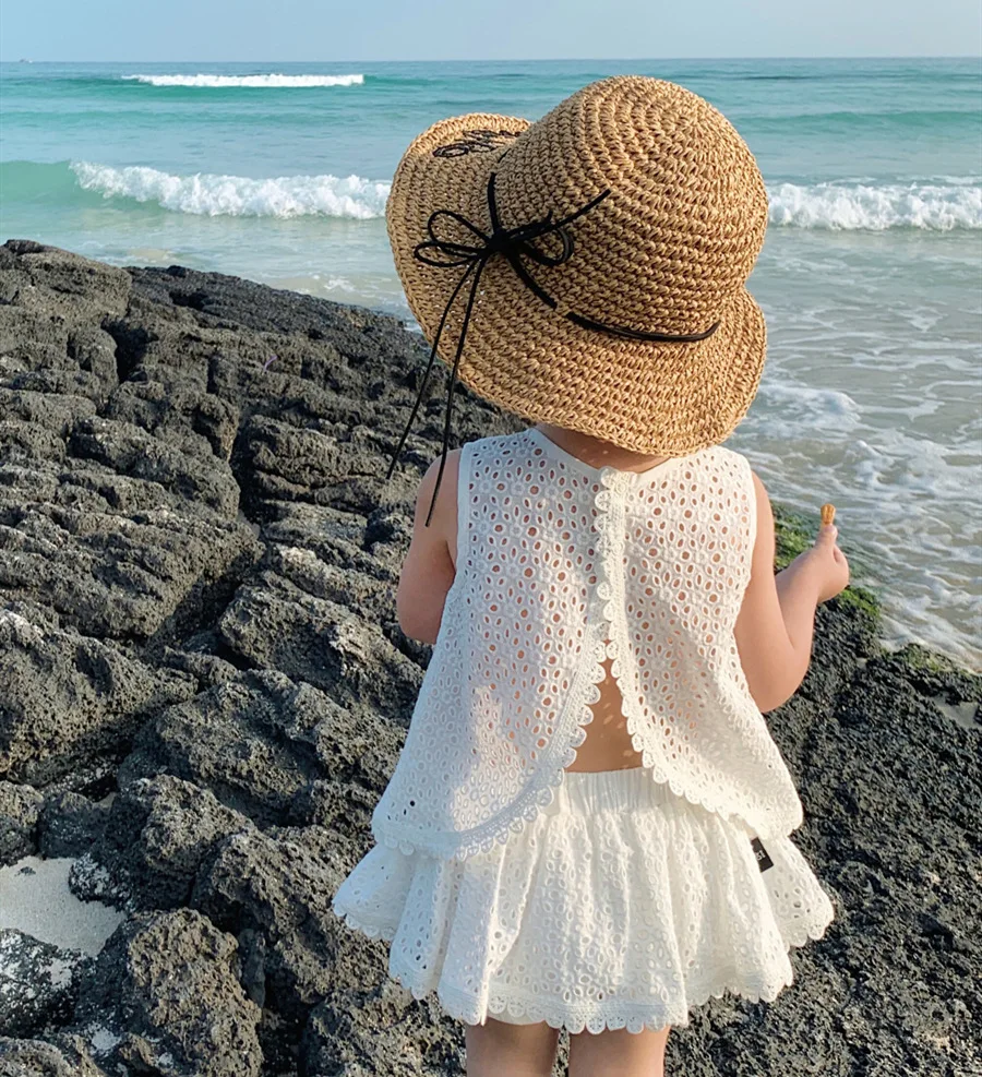

wholesale 2 pieces sleeveless lace white baby girls summer clothes set
