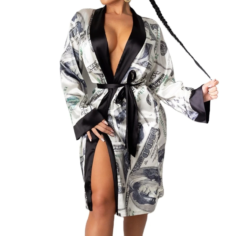 

Ladies Night Gown Pijamas Dollar Printed Bathrobe Long Money Silk Robes Silk Pajamas Women's Sleepwear