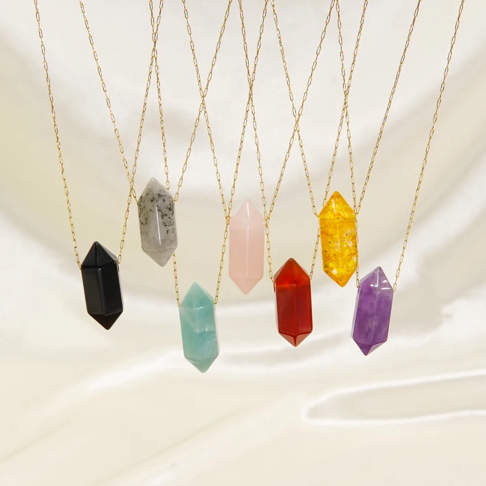 

Hot Sale Natural Crystal Stone Pendant Necklace Stainless Steel Hexagonal Amazonite Amethyst Stone Necklaces