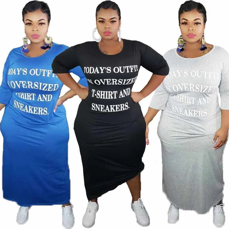 

summer womens short sleeve long dresses letter shirt dresses women casual plus size dress, Blue&gray&black long dress