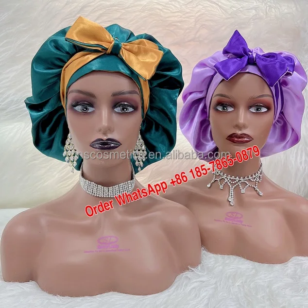 

wholesale luxury double satin bonnet with long band Custom Silk hair bonnet vendor bonnets and satin hair wraps