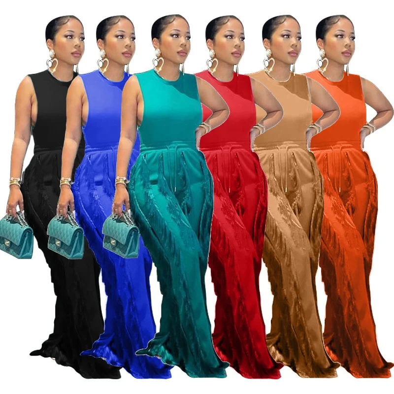 

OUDINA Amazon Casual Vest Drawstring Fringe Wide Leg Pants Women Clothing Tassel Two Piece Set Plus Size Women's Sets, Black/red/orange/green/blue/khaki