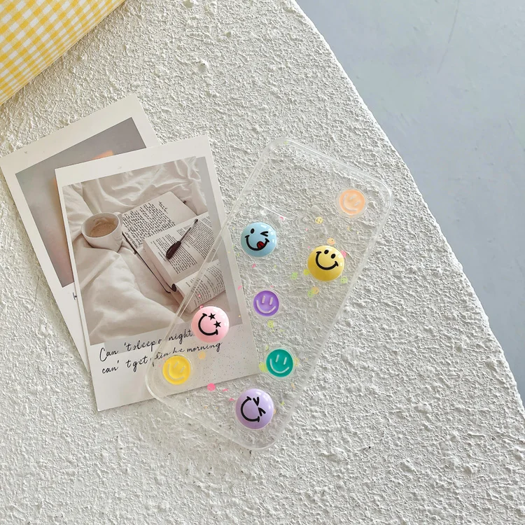 

Fashion cute 3D cartoon round smiley face transparent soft TPU epoxy glitter phone case for iphone 12/11 poro max 7/8plus