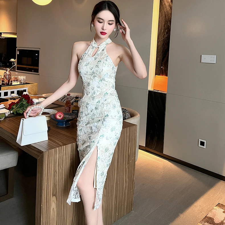 

ZYHT 20049 Dropshipping 2022 Summer New Women Cheongsam Dress Halter Neck Hollow Standing Collar Floral Casual Dress