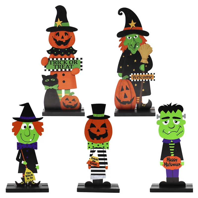 

Wooden Gifts Halloween Pumpkin Man Witch Home Table Decoration Ornaments Crafts, As picture