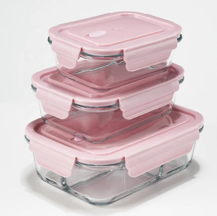 

Aohea Microwave safe freezer Glass Meal Prep leakproof lunch food storage Containers bento lunch box with divider, Pink