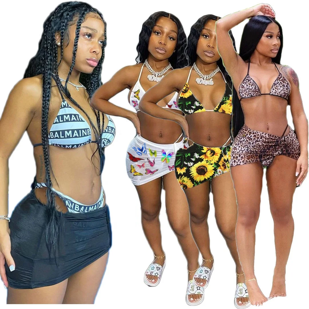 

Women Casual Swimsuit Sportstrap Three Piece Sets Cover Up Beach Shorts Set, Customized color