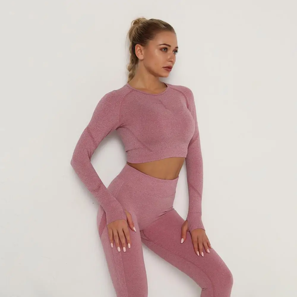 

Seamless Yoga Set Women Workout Sportswear Gym Clothing Fitness Long Sleeve Crop Top High Waist Leggings+Sport Bra Sports Suits