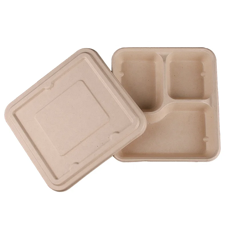 

Biodegradable food container disposable bagasse 3 compartment tray disposable biodegradable, Yellow,white