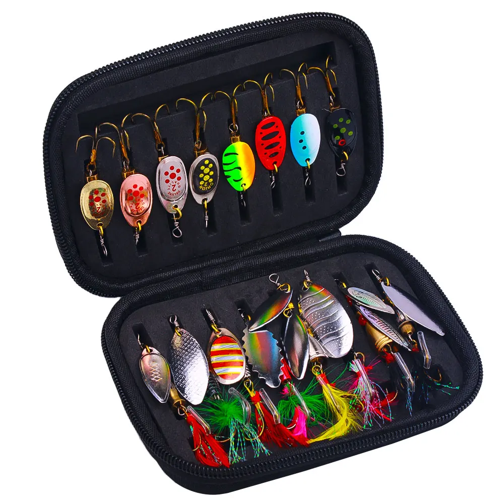 Wholesale SPB102 Combo 16pcs/bag Hard Metal Spoon Spinner Baits Fishing Lures Set Kit with Zipper Bag