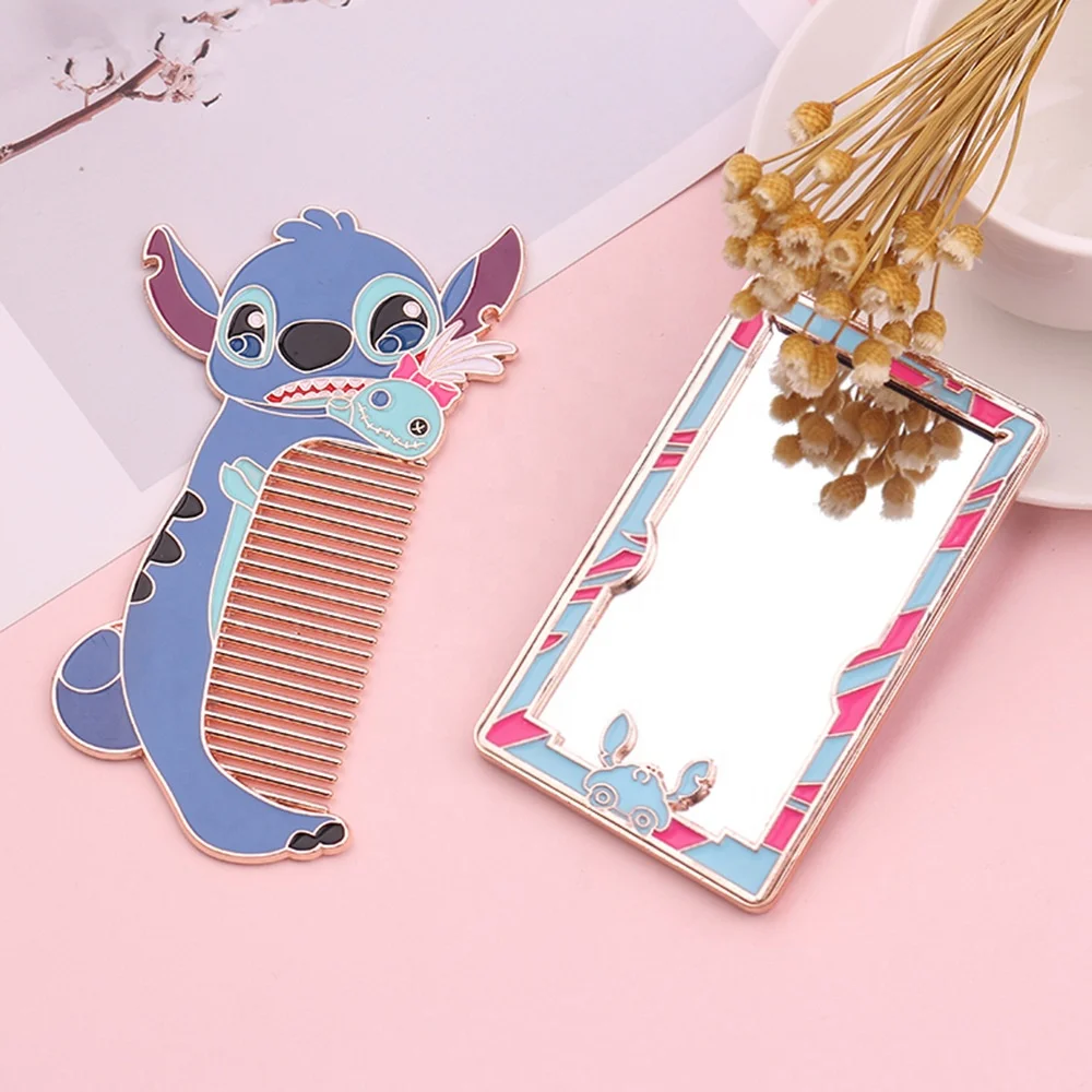 

Hot Selling Cartoon Design Metal Portable Stitch Travel Mirror Comb Set Makeup Mirror Makeup Tools Gift Item