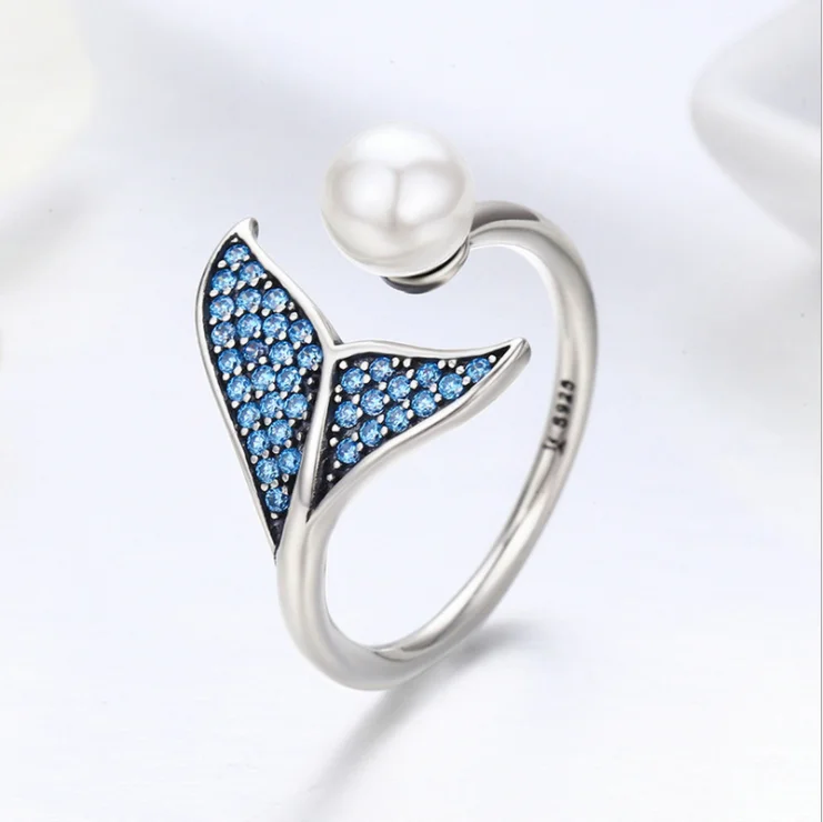 

Best Selling 925 Sterling Silver Blue Tail CZ Pearl Open Ring Jewellery Gift for Women Girls, Blue/gold