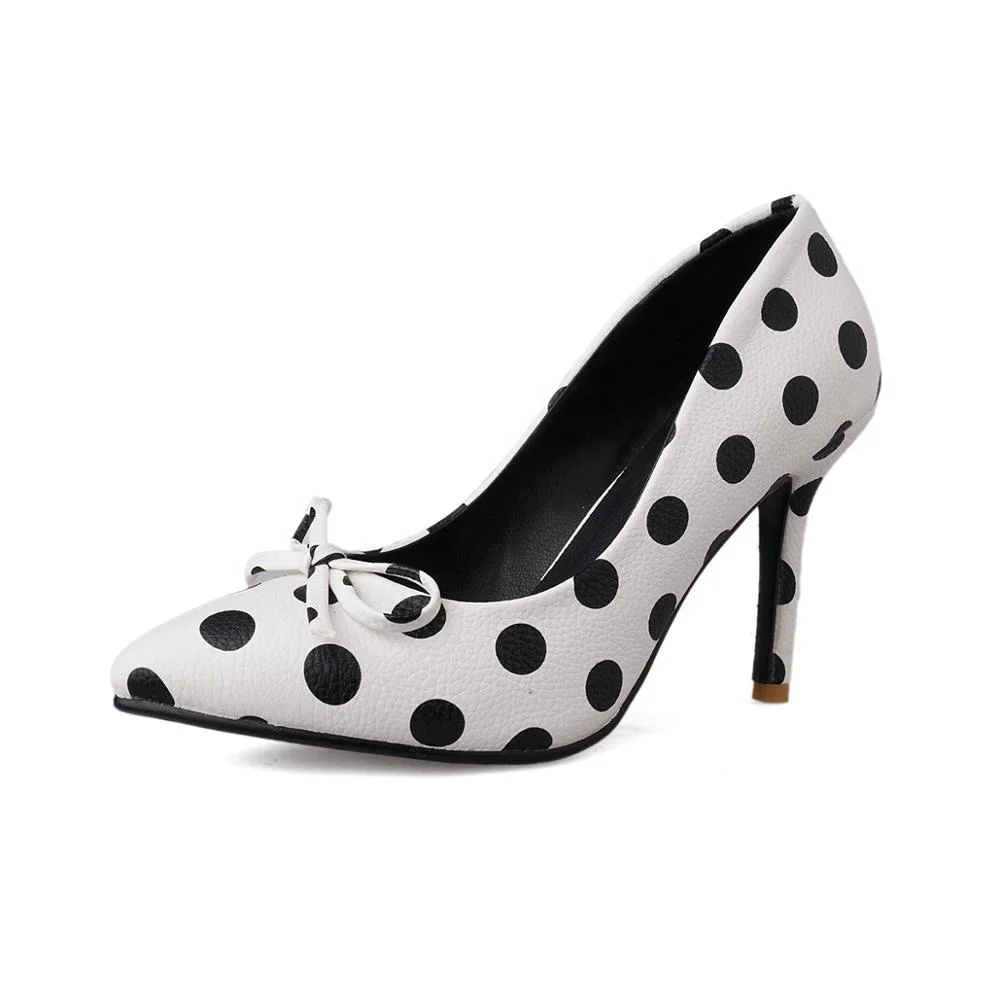 

New Shallow-pointed Polka-dot Bow Stilettos Shallow-mouthed Lady Shoes, Black, white