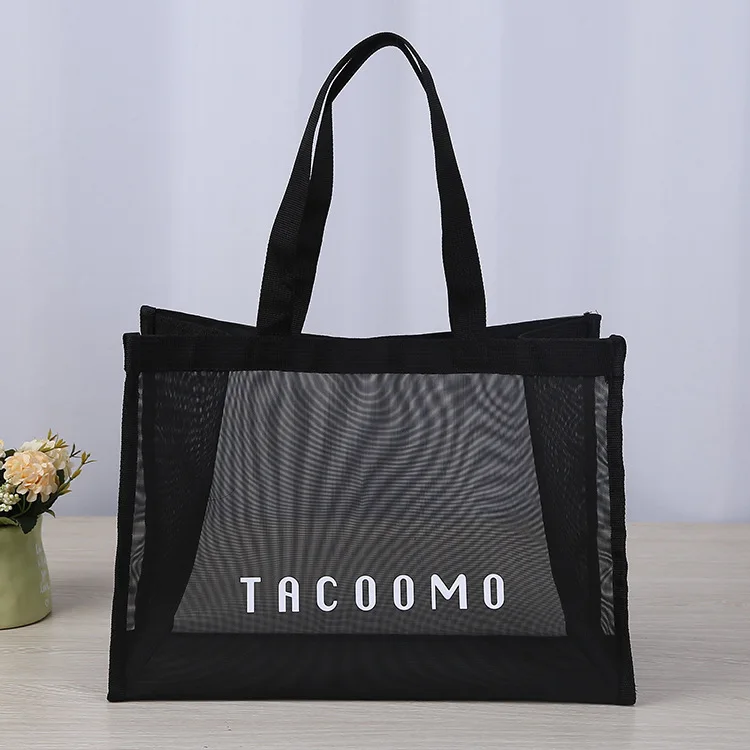 

Custom logo black nylon mesh tote shopping bag custom logo and size foldable net bag reusable bag