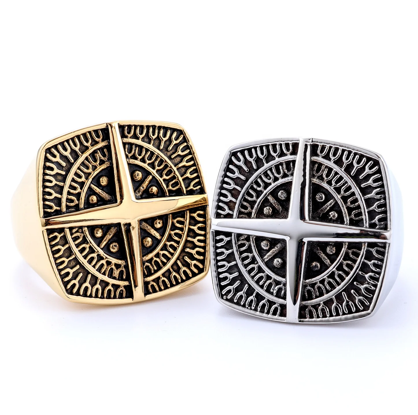 

Dropshipping men's jewelry gifts vintage silver gold stainless steel compass logo men's rings size 7-13