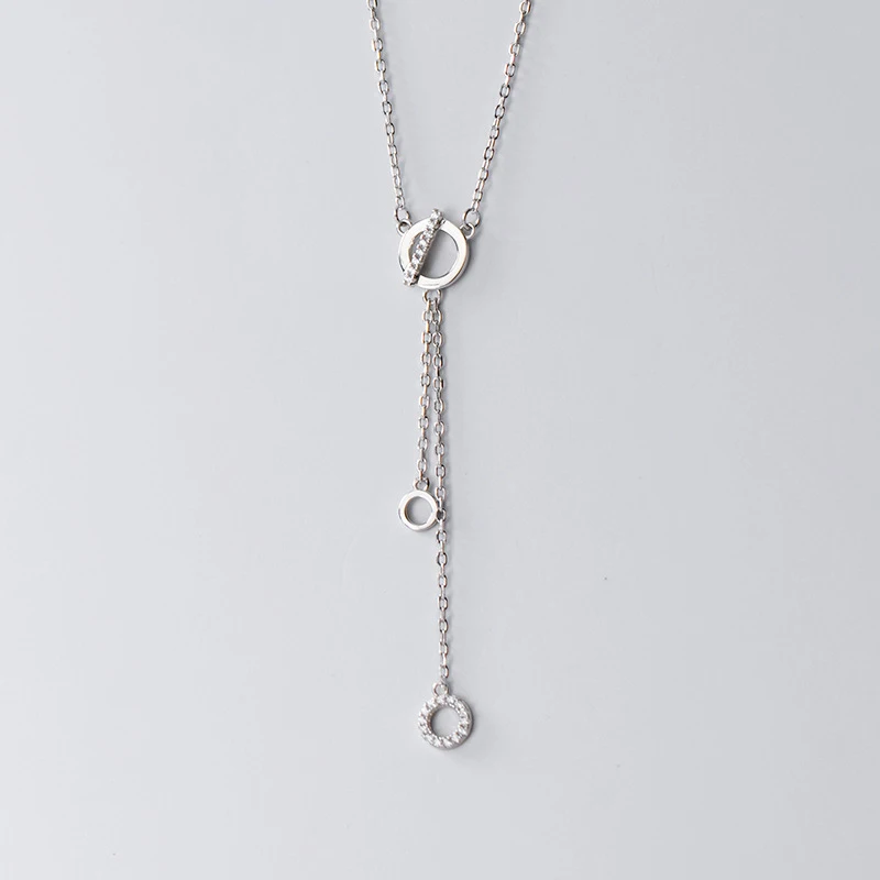 

925 Sterling Silver Glossy Circle Round Crystal Wedding Women Pendant Tassel Necklaces Jewelry
