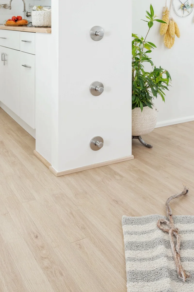 Finished pet-friendly living room showcasing various uses of dog point screws, from floating shelves to custom art installations and secure hooks for leashes.