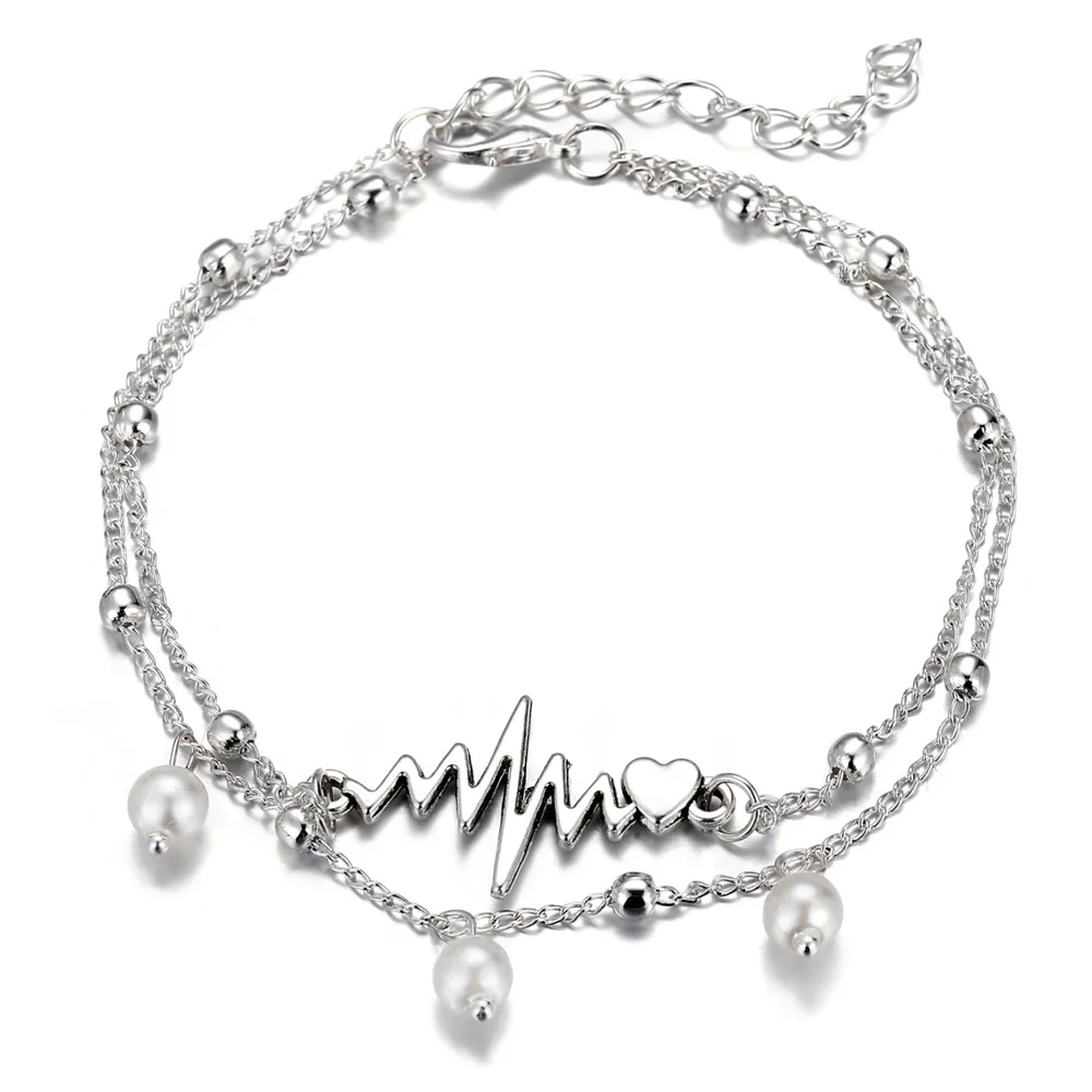 

Fashion Anklets Bracelet For Ankle Female Simulation Pearl Heart Beads Anklet Women Leg Chain Bohemian Wave Foot Jewelry