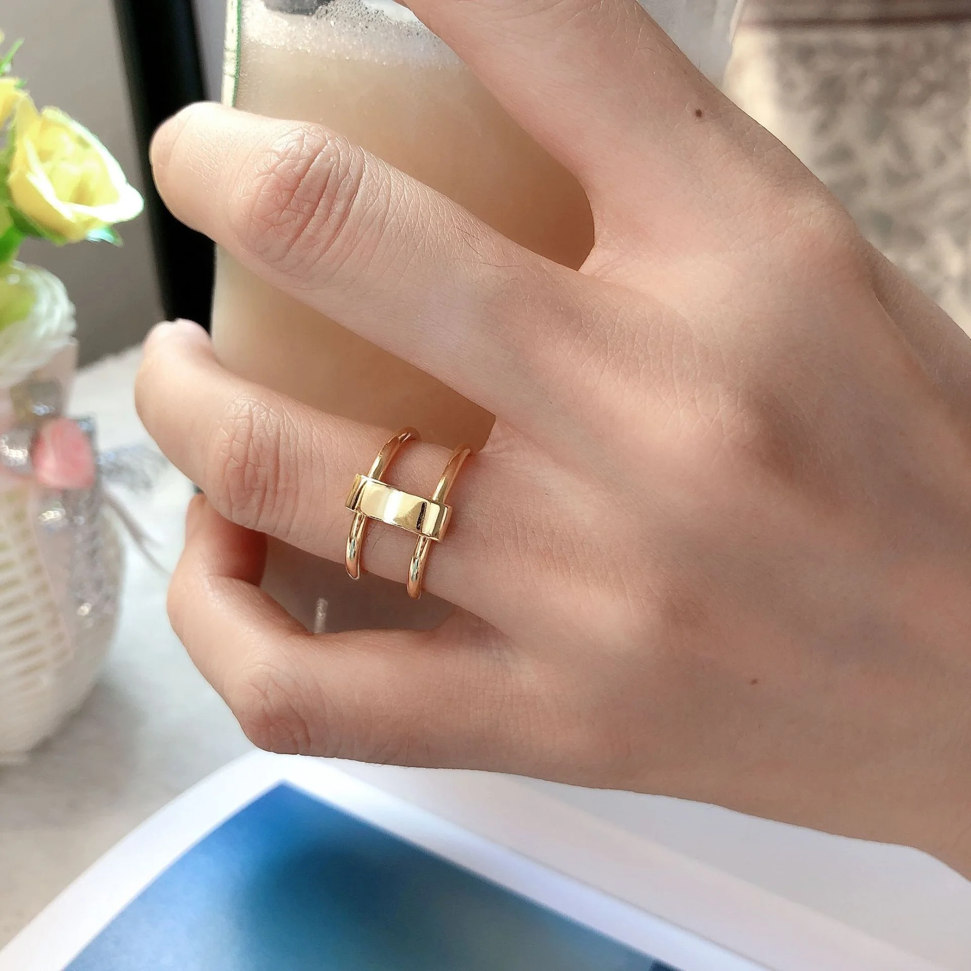 

925 Sterling Silver Double ring Shape Bold Open Ring Gold Twisted Wide Rings