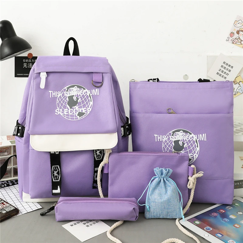 

New Arrival Water Resistant 5 in 1 Set High School Student Bags Backpack for Kids, Black, pink, purple, blue