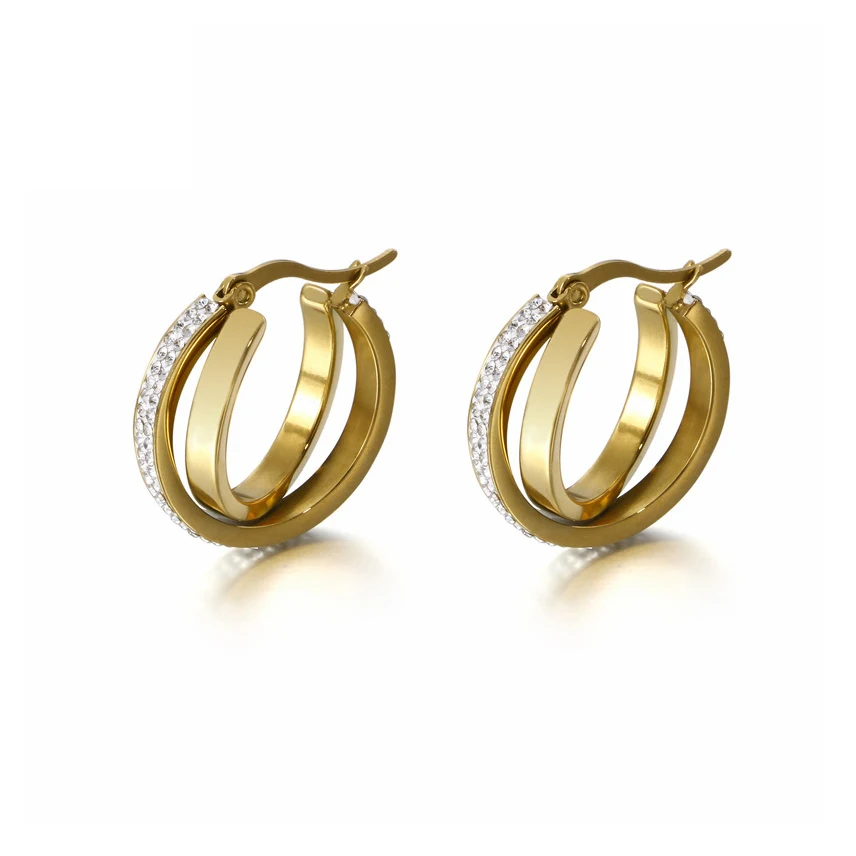 

Stainless Steel Jewelry Wholesale Custom Gold-plated Fashion Diamond Double Hoop Huggie Earrings Bling Ladies Earrings