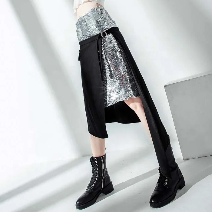 

OUDINA New Design Fashionable Casual Tone Silver Sequin Stitching Long Sequined Woman Skirts, Black