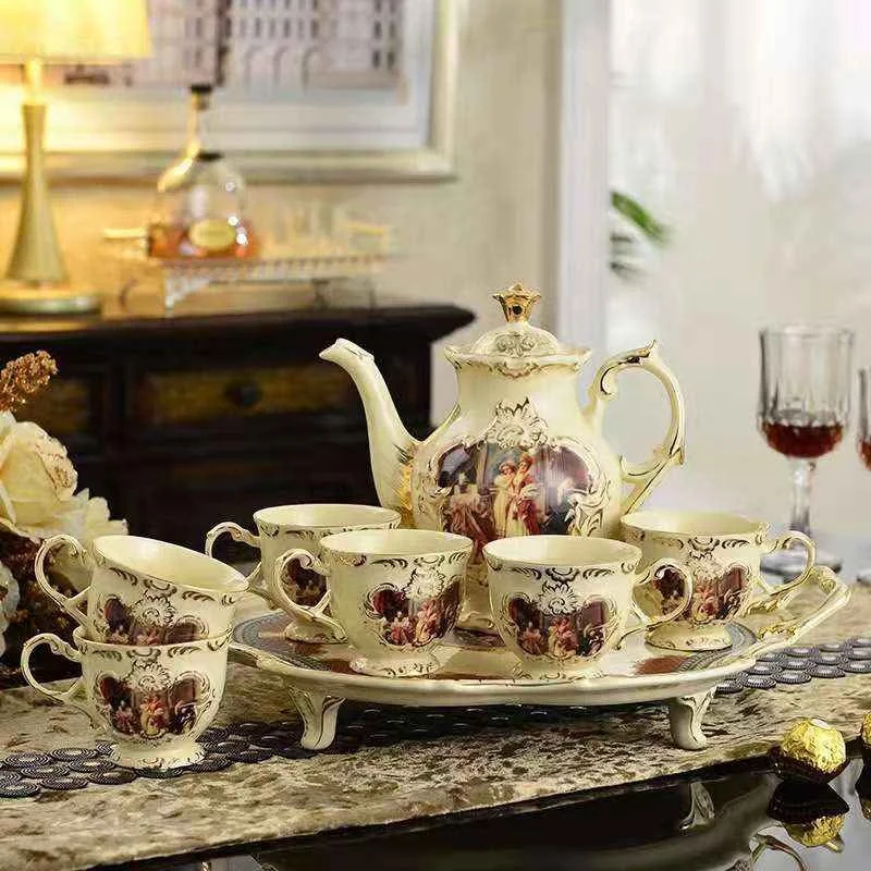 

Hot Selling 8 Pcs European Royal Personage Living Room Home Decors Porcelain Coffee & Tea Sets
