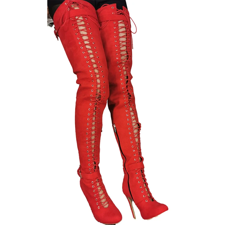 

Red Mid Thigh High Boots Women High Heels Pointy Toes Lace Up Front Side Zippers Custom Wide Fit Long Shoes Women Fall Boots